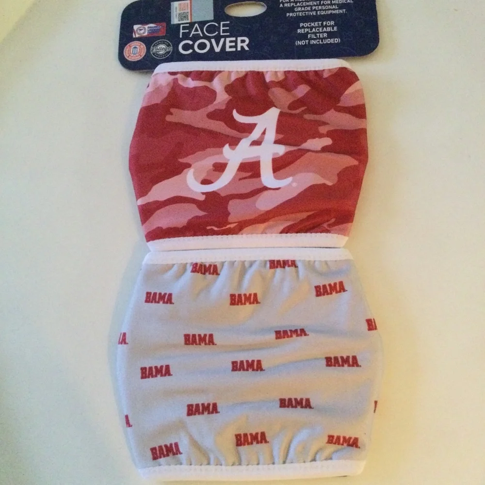 ALABAMA CRIMSON TIDE 2 PIECE FACE MASK COVERINGS RED GRAY ADULT OS NWT